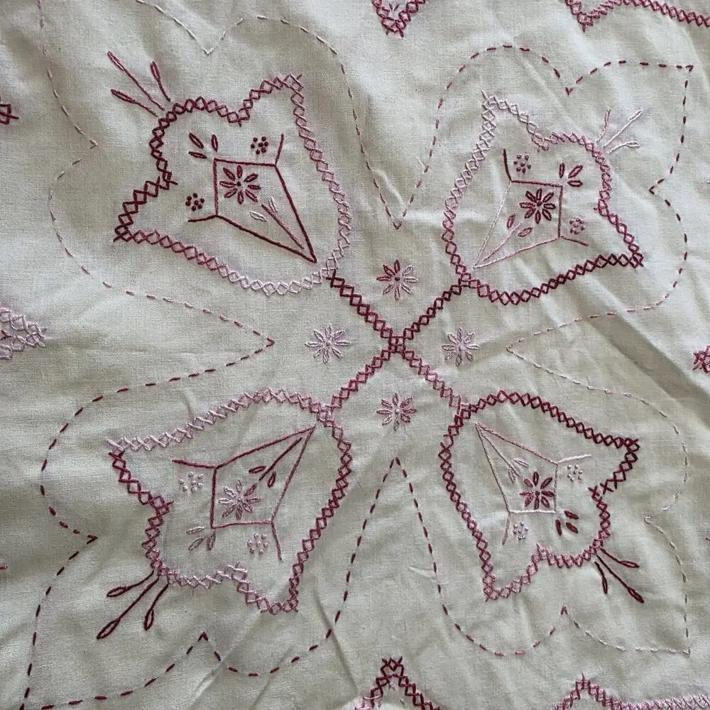 Amish Handmade Embroidered Pillow Cover 16x16 Pink Hearts Ruffle Cottagecore
